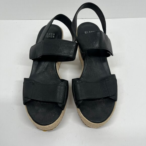 Eileen Fisher Black Leather Espadrille Strappy Sandals Sz. 7 - Picture 1 of 7